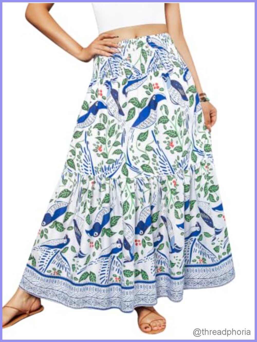 Women's Boho High Waist Floral Maxi Skirt Flared A-Line Pleated